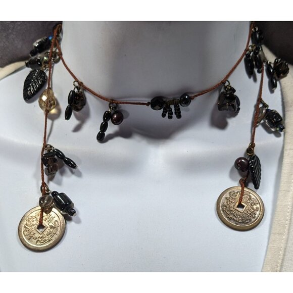 Handmade Glass Charm Wrap Necklace With Vintage Coin Accents - Picture 1 of 6